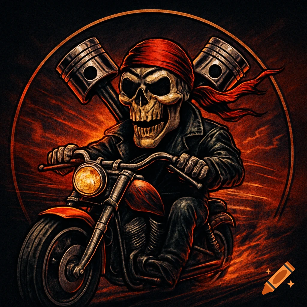 A stylized pirate skull in a red bandana and leather jacket riding a motorcycle, with crossed pistons behind it against a fiery orange background.