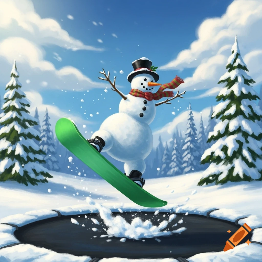 A cheerful snowman in a top hat and scarf performs a trick on a green snowboard, jumping over a snowy trampoline in a winter landscape with snow-covered pine trees.