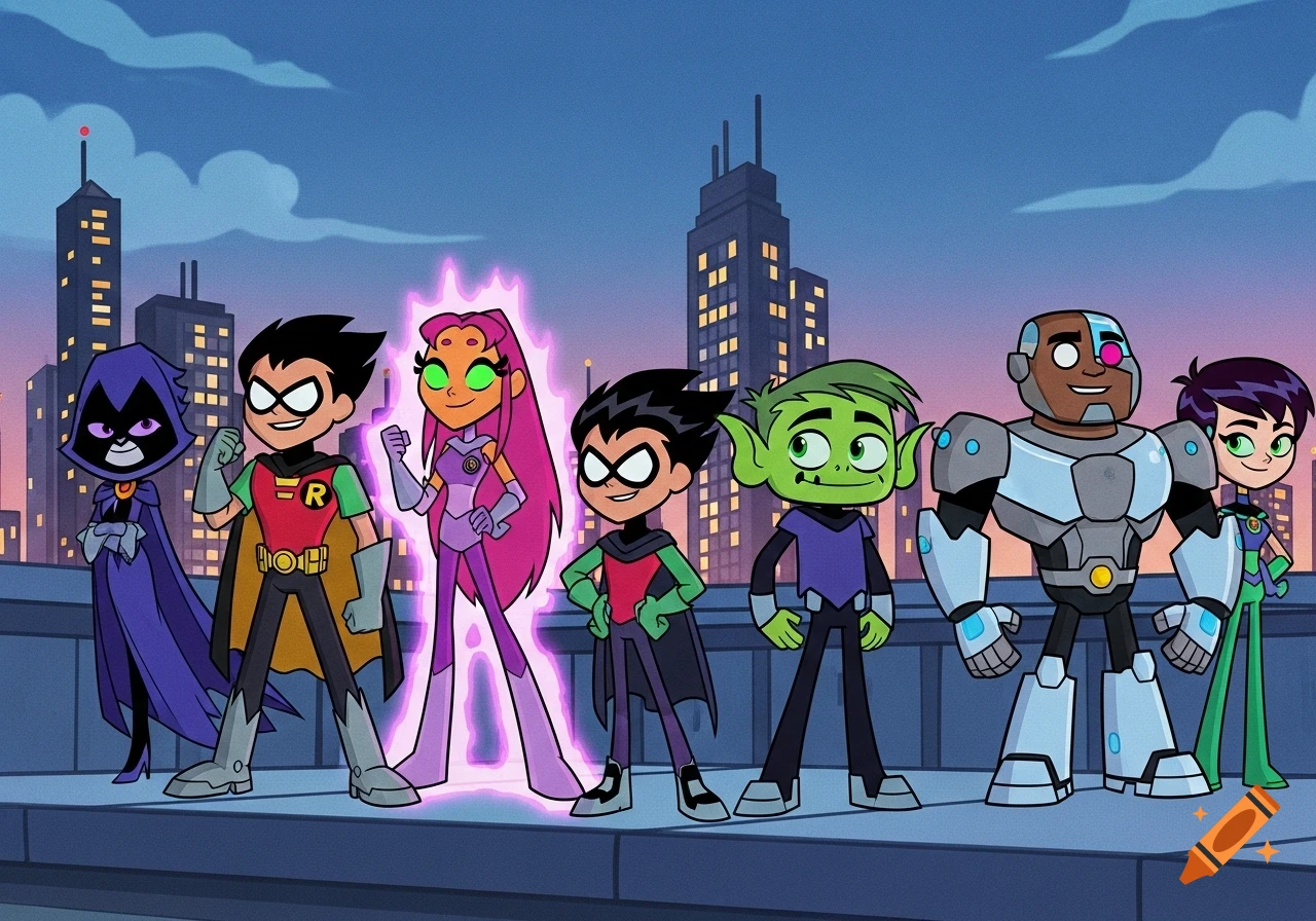 The Teen Titans Go team including Raven, Robin, Starfire, Beast Boy, and Cyborg stand on a city rooftop at night in a cartoon style.