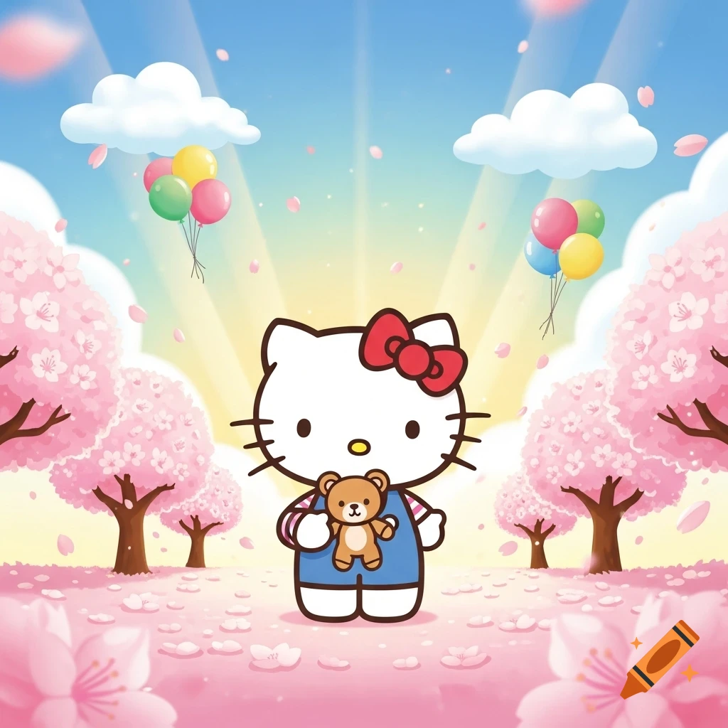Hello Kitty holds a teddy bear in a bright cartoon scene with pink cherry blossom trees, falling petals, a blue sky, clouds, and colorful balloons.