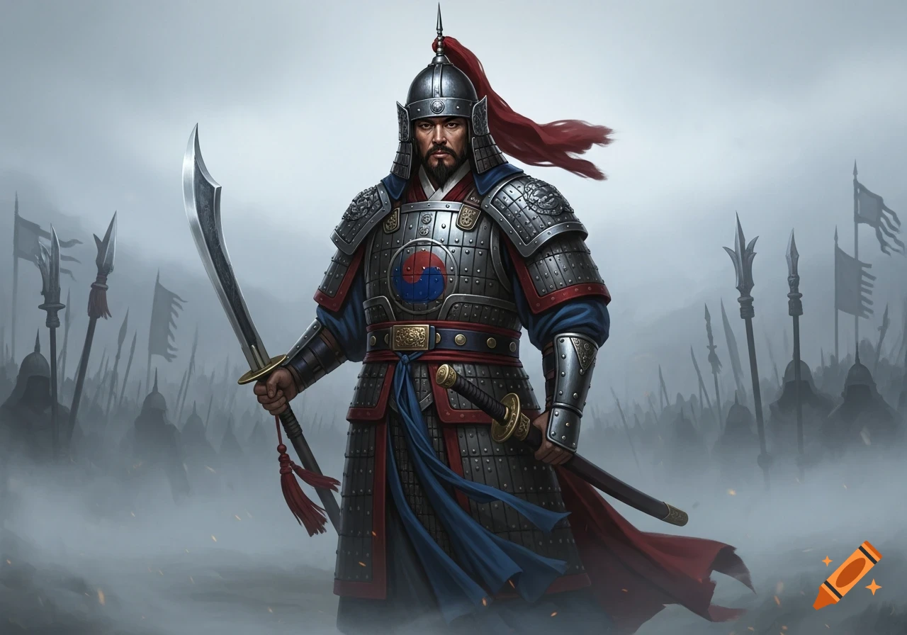 A detailed illustration of a Korean warrior in elaborate armor, holding a large sword, standing on a foggy battlefield with an army in the background.
