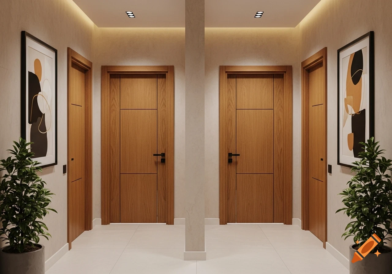 Symmetric view of a modern apartment hallway with two wooden doors, abstract art, and potted plants.