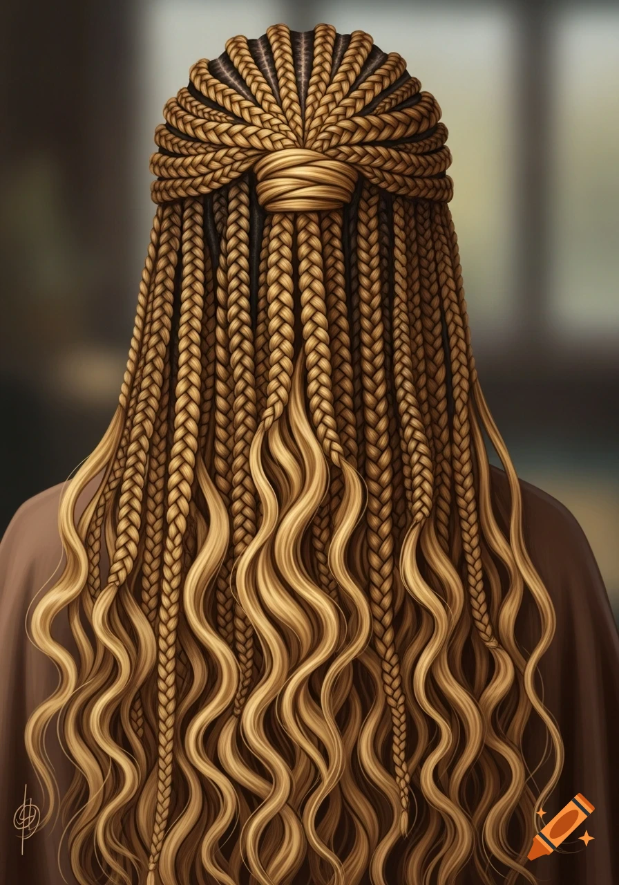 View from behind of a person with intricately styled golden-blonde hair featuring cornrows, braids, and flowing waves.