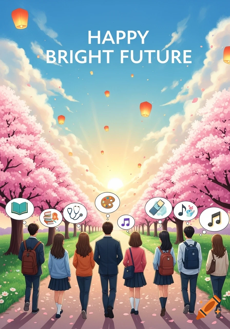 Anime illustration of students walking on a cherry blossom-lined path towards a bright sunrise, with lanterns floating in the sky. Thought bubbles above their heads depict various career and artistic aspirations. The text "HAPPY BRIGHT FUTURE" is at the top.