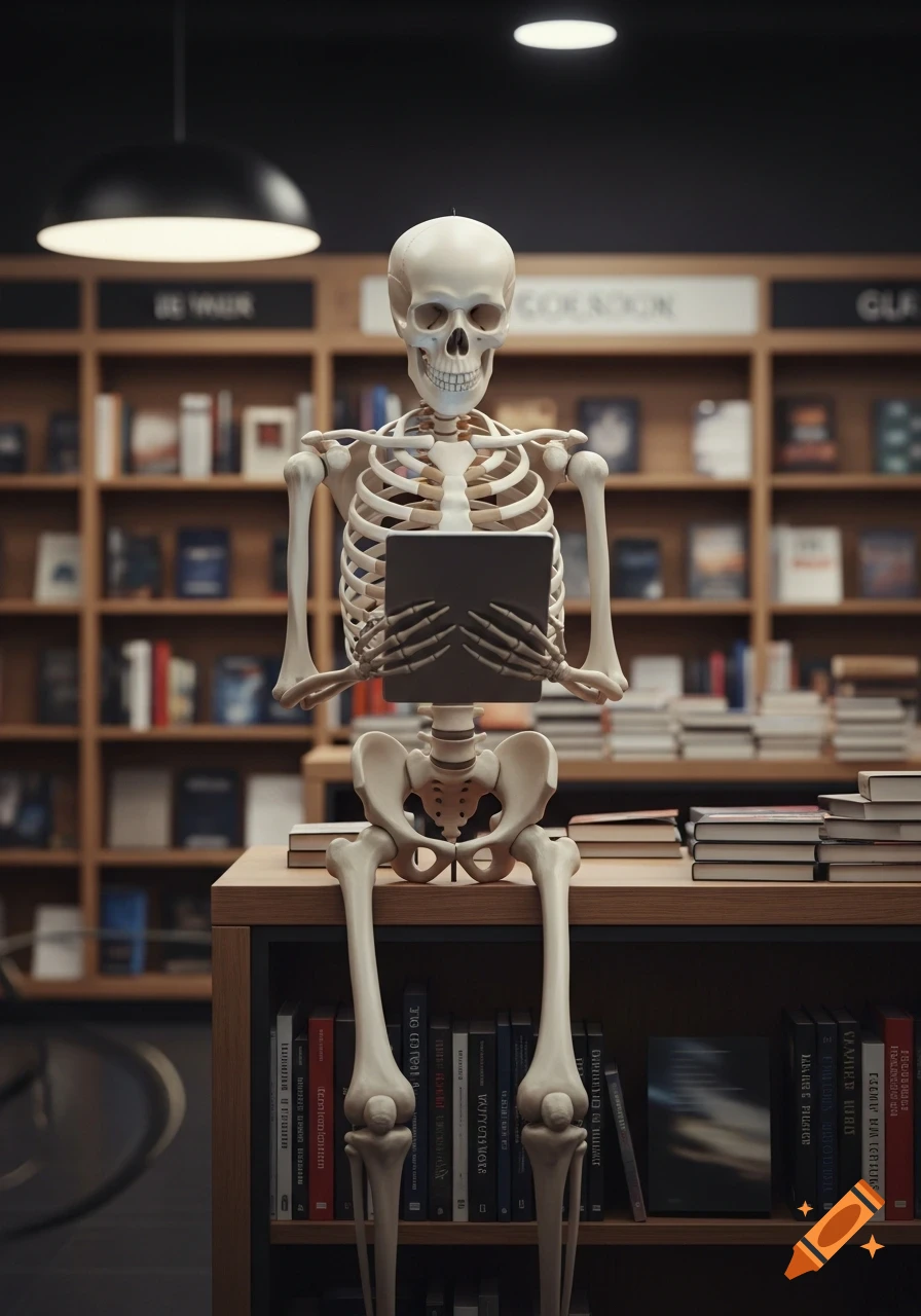 A realistic skeleton sits on a wooden shelf in a modern library, holding and reading a digital tablet. Books fill shelves in the background.
