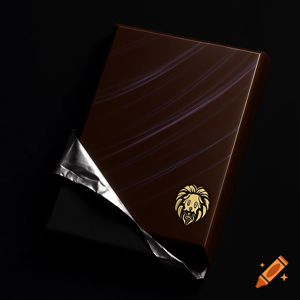 A partially unwrapped dark chocolate bar with purple streaks and a golden lion head logo, on a black background.