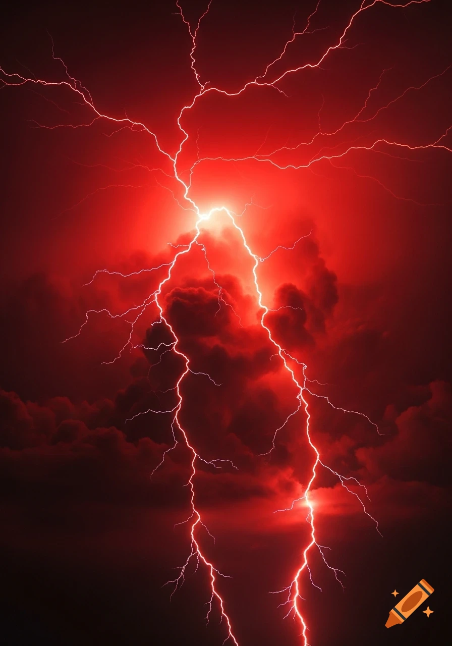 Striking red lightning illuminates dark stormy clouds in a dramatic night sky.