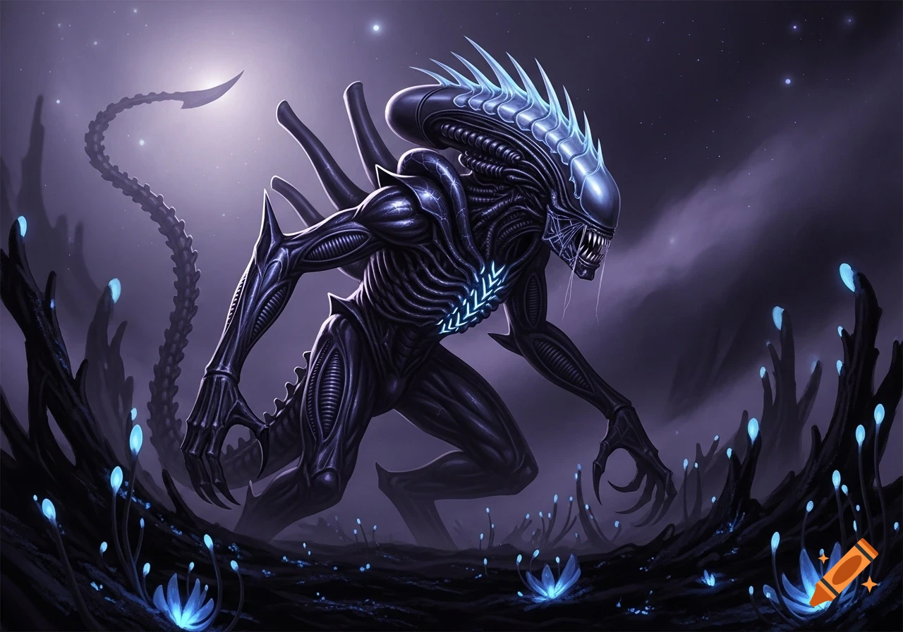 A menacing xenomorph-like alien creature with glowing blue accents stands in a dark, alien landscape with luminous blue flora under a starry sky.