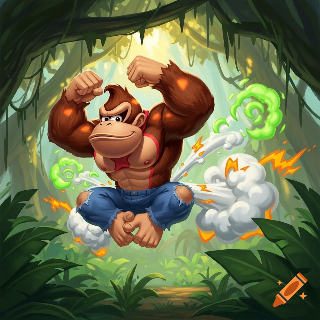 Donkey Kong in blue jeans flexing his muscles, propelled by green farts to fly through a vibrant jungle, in a cartoon illustration style.
