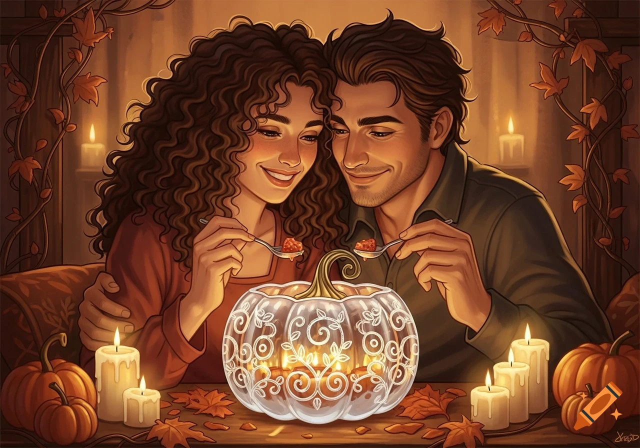 A man and woman smiling, sharing food over a glowing glass pumpkin surrounded by candles and autumn leaves in a cozy, illustrated style.