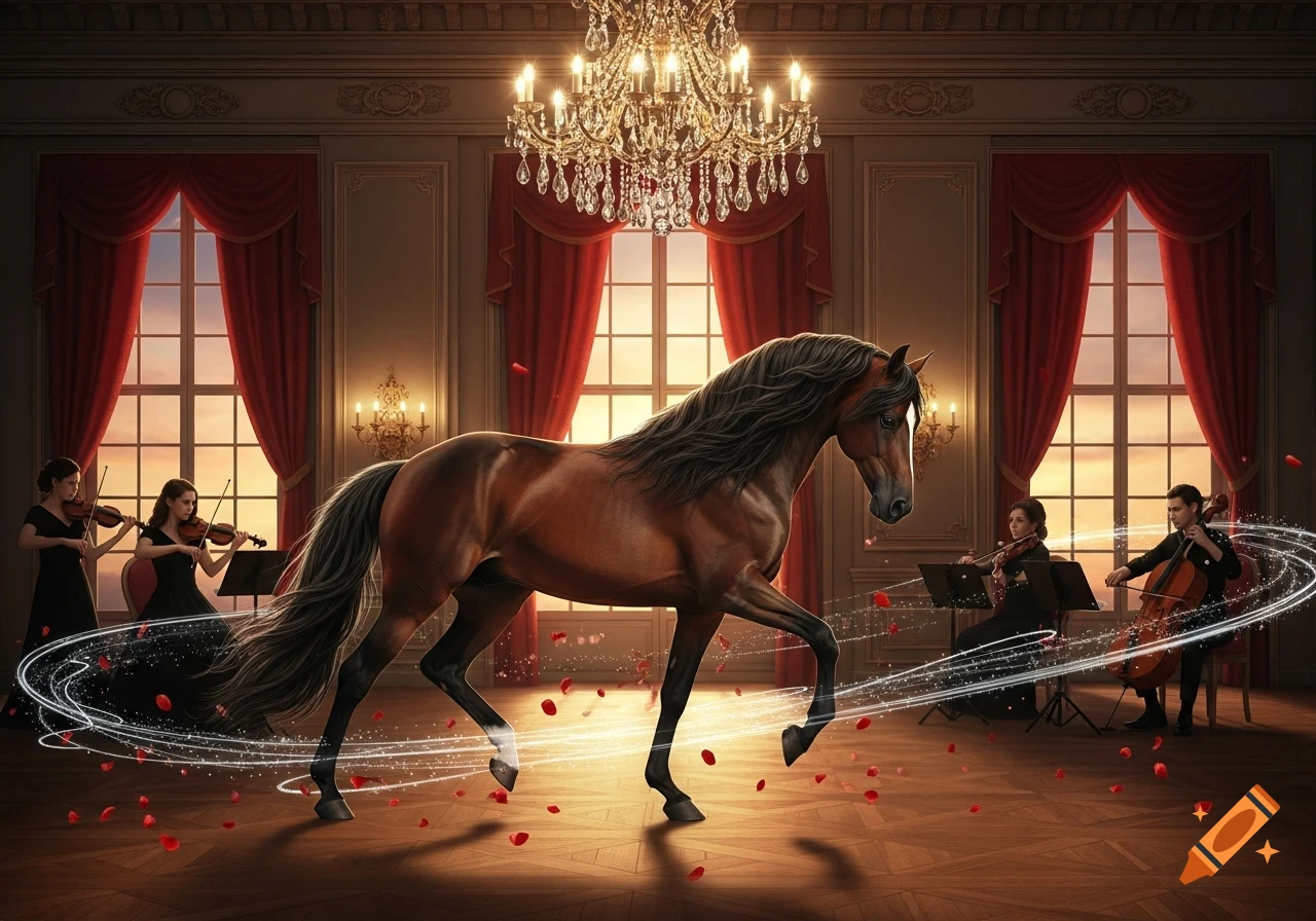 A majestic brown horse dances in a grand ballroom with musicians, surrounded by glowing light trails and rose petals.