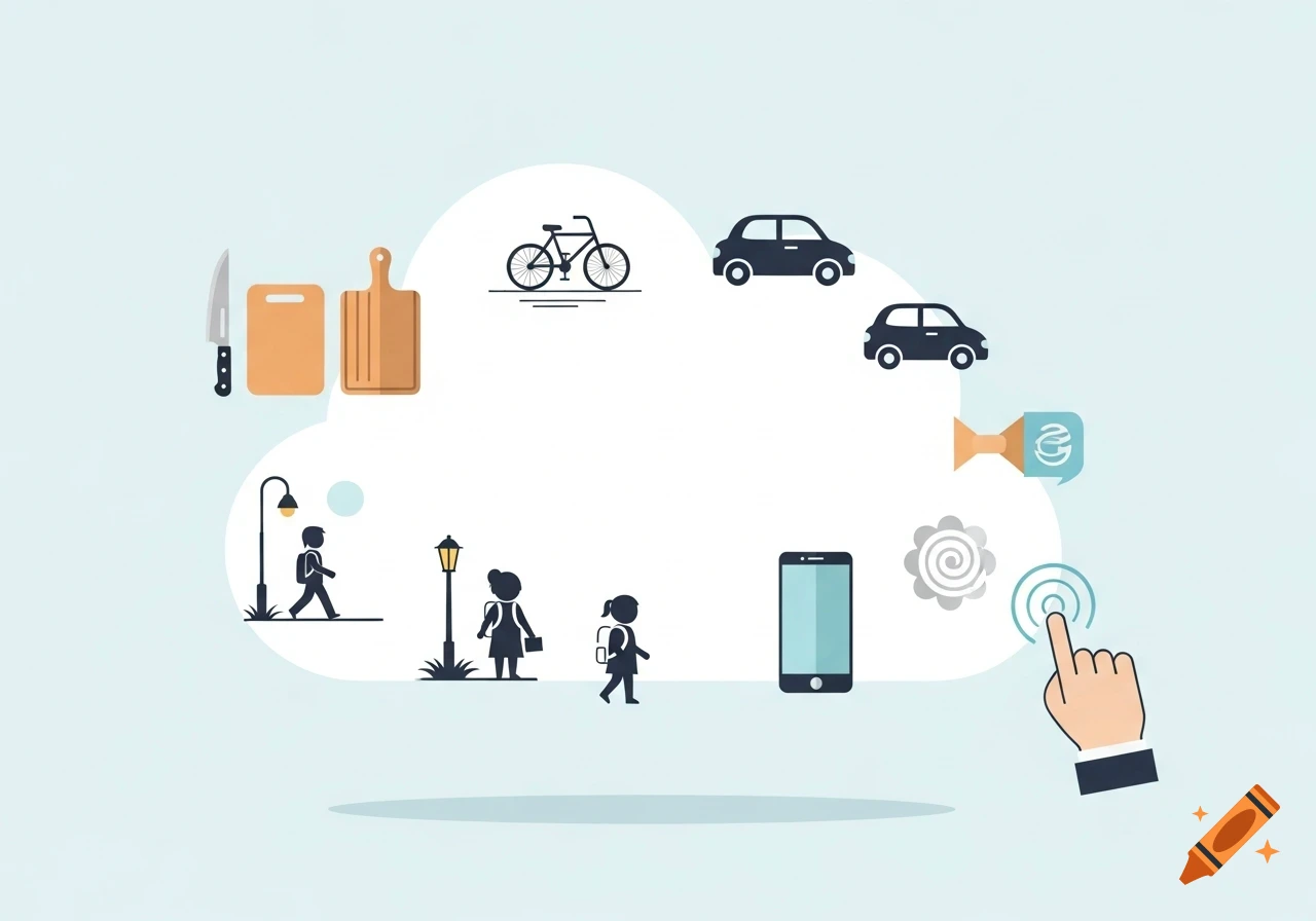 Flat design vector illustration of a cloud containing icons of kitchen items, vehicles, people walking, a smartphone, and a tapping finger.