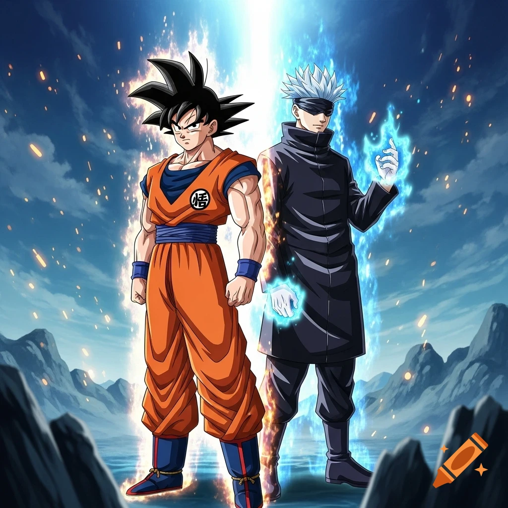 Goku and Gojo Satoru, anime characters, stand back-to-back with glowing energy, mountains, and a cloudy sky in the background.