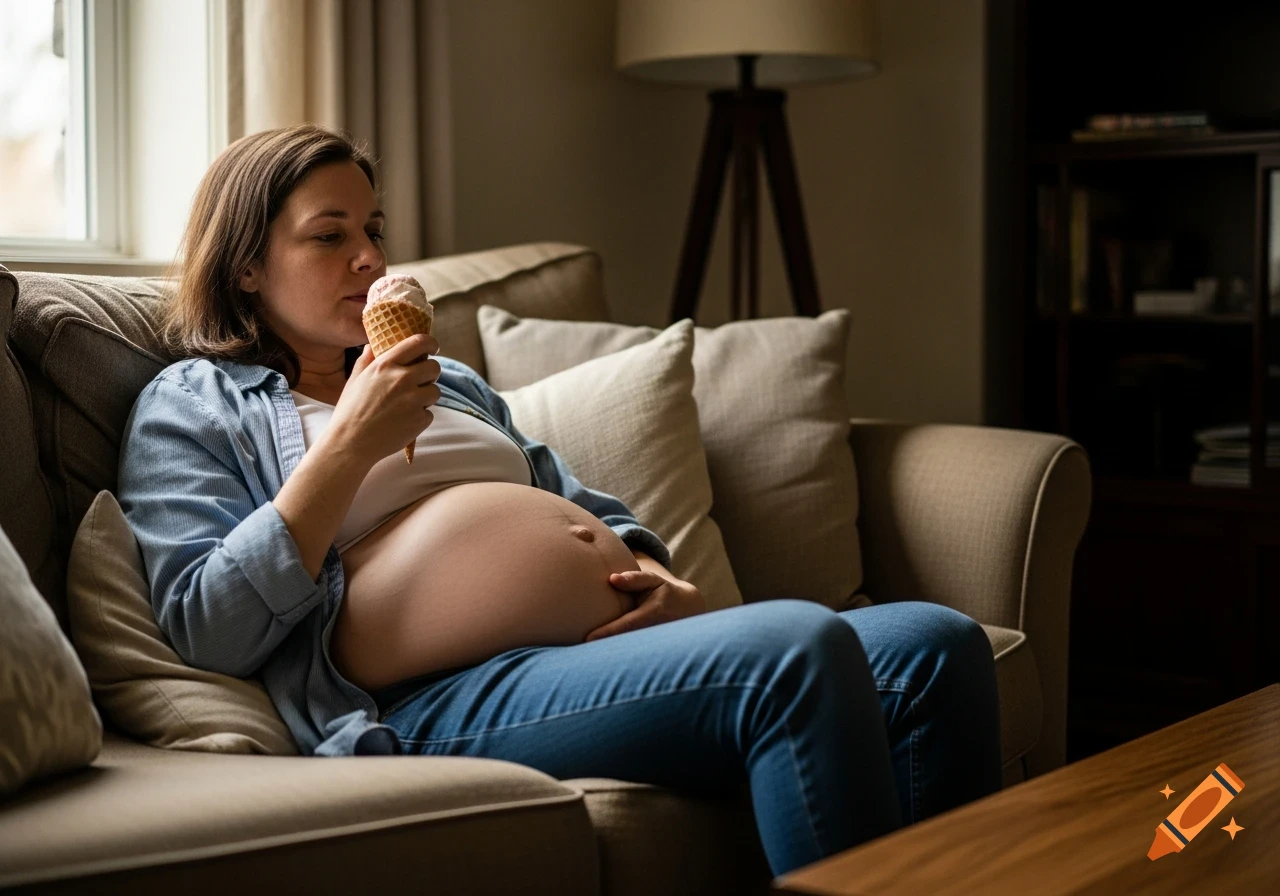 A pregnant woman in jeans and a denim shirt sits on a sofa, eating an ice cream cone.