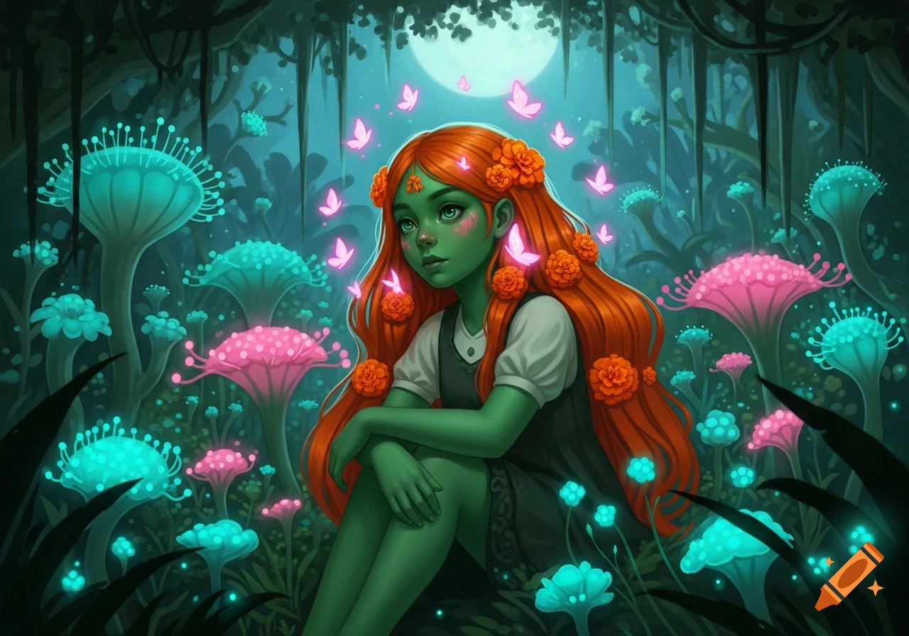 A green-skinned girl with long orange hair and flowers, sitting in a dark, magical forest with glowing pink and blue mushrooms and pink butterflies under a bright moon.