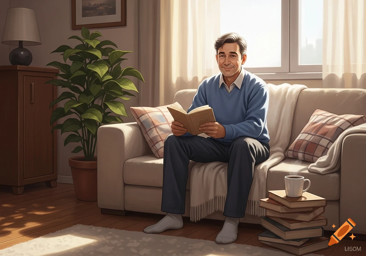 A smiling man sits on a sofa in a sunny living room, reading a book.
