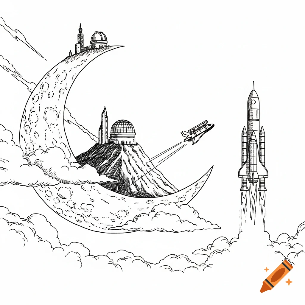 A black and white comic-style illustration shows a crescent moon with observatories on a mountain, and a rocket launching upwards.