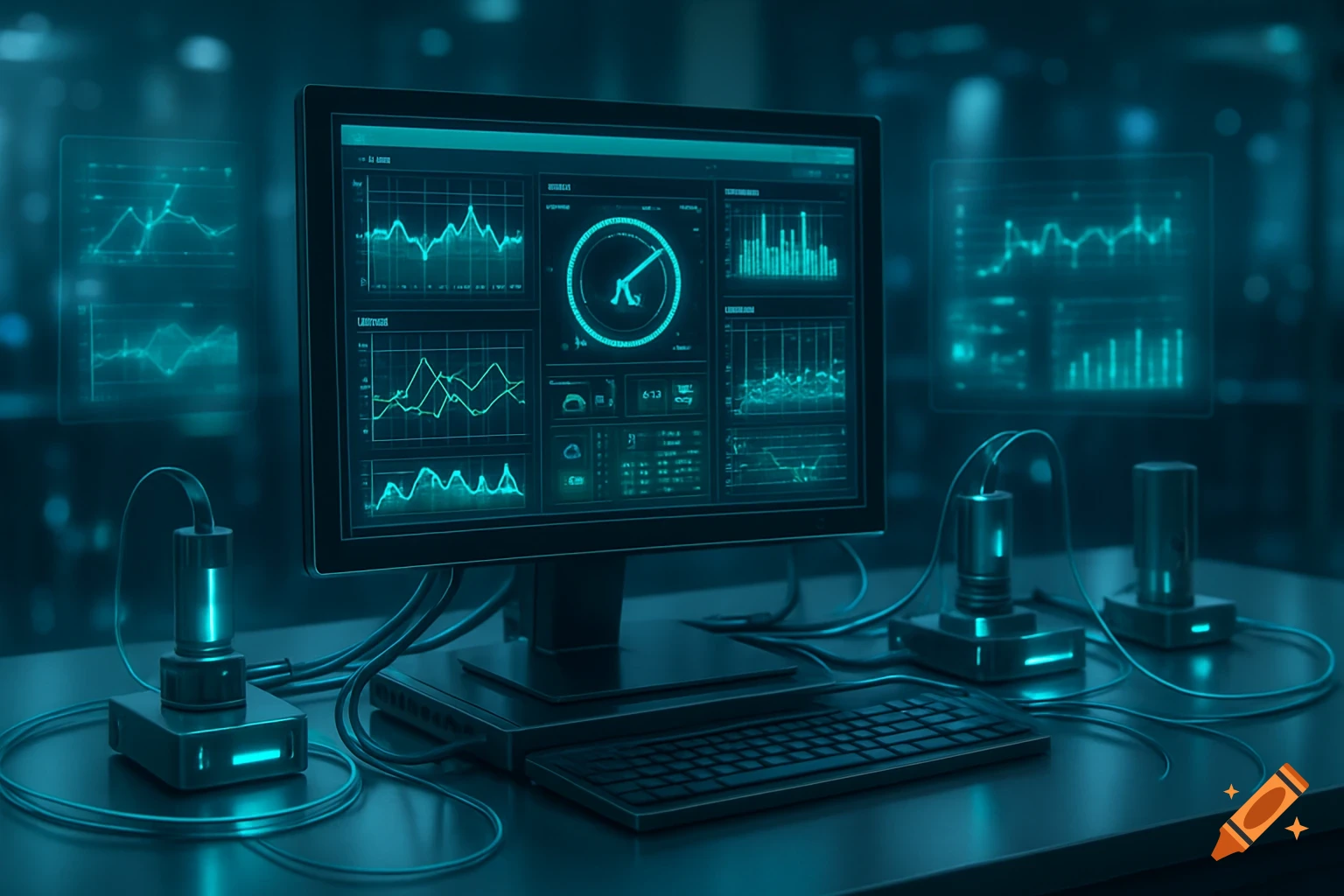 A computer monitor displaying blue-green data graphs and charts on a dark desk with connected electronic devices and glowing accents.