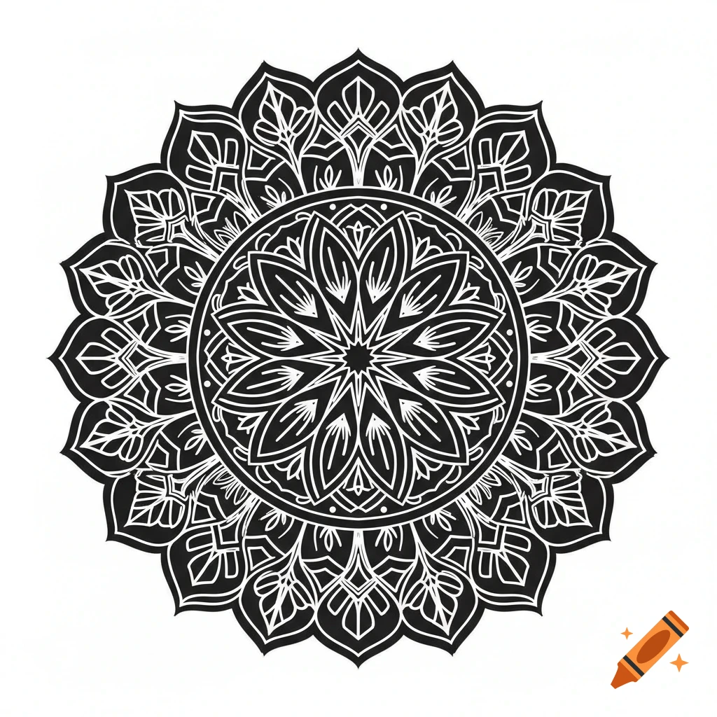 A black and white mandala pattern with intricate floral and leaf-like designs.