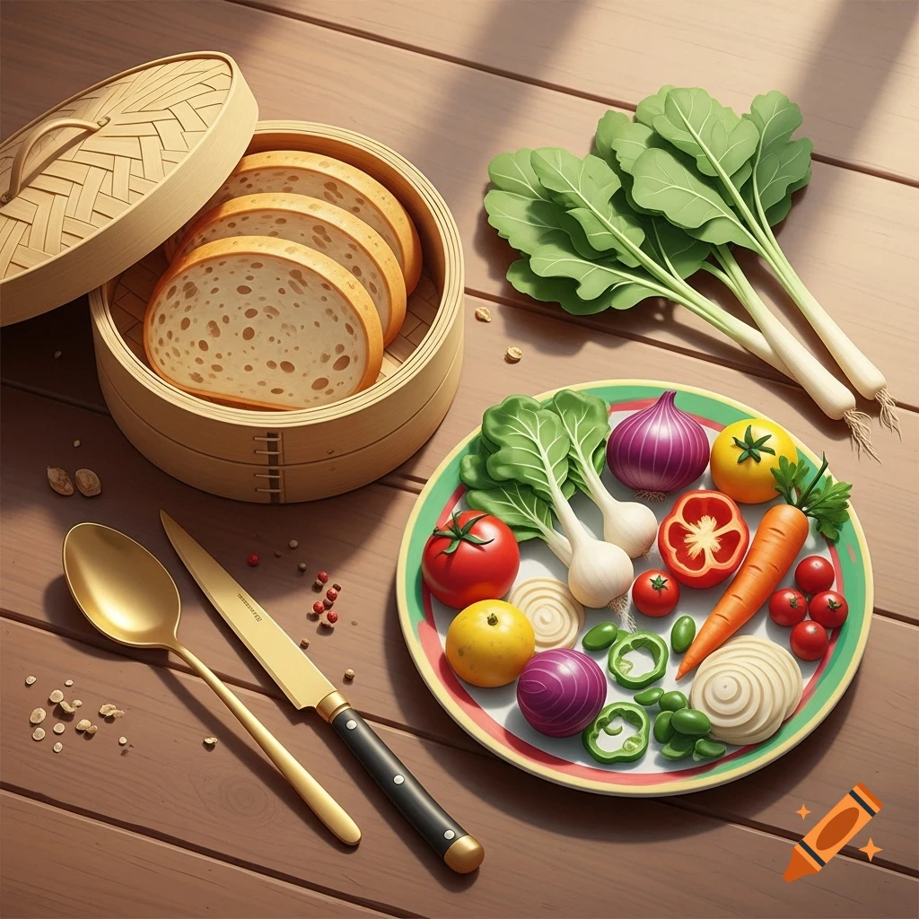 A wooden table with a bamboo steamer containing sliced bread, a plate of assorted colorful vegetables, and gold silverware.