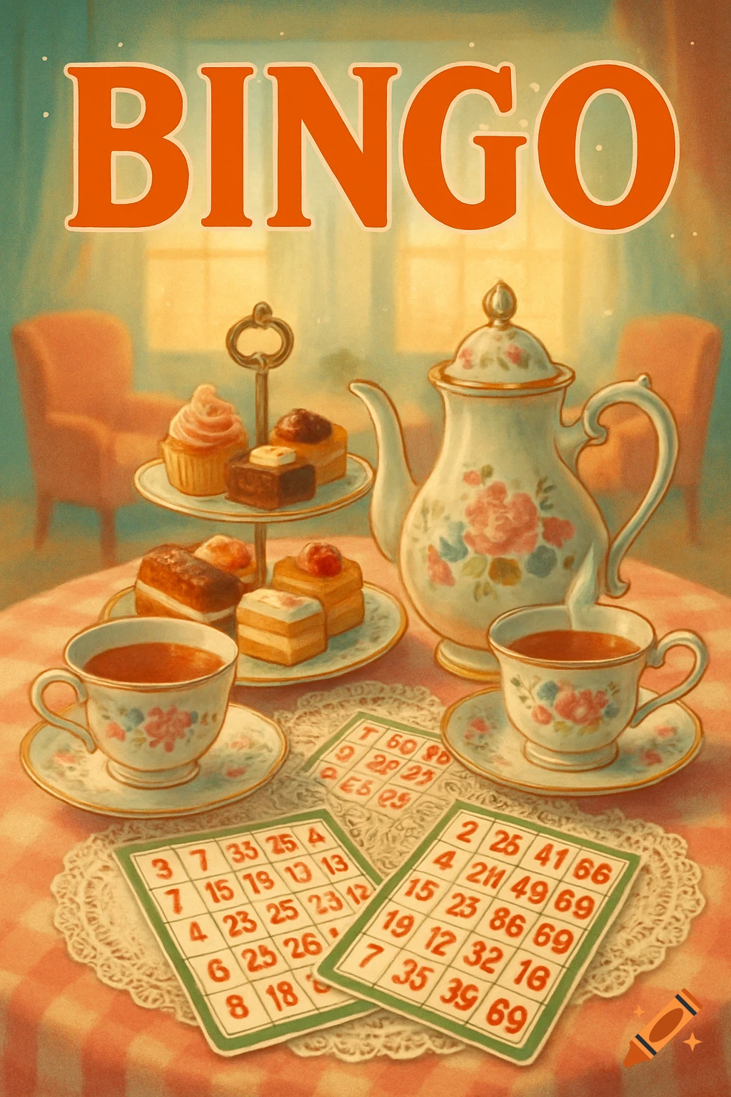 A vintage illustration of a tea party setup with bingo cards, a teapot, teacups, and pastries, with the word 'BINGO' at the top.