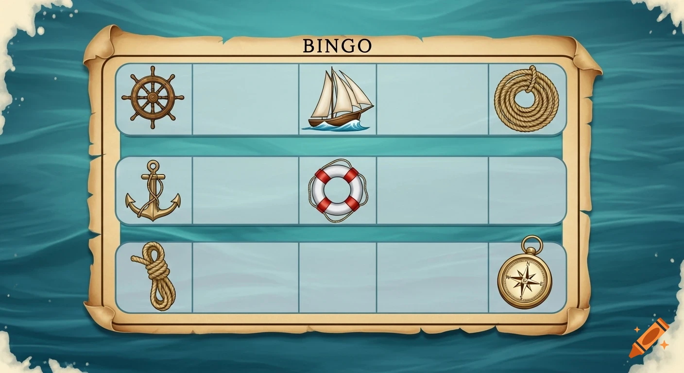 A stylized nautical-themed bingo card with a 3x8 grid, showing icons like a ship's wheel, sailboat, anchor, lifebuoy, and compass on a blue wave background.