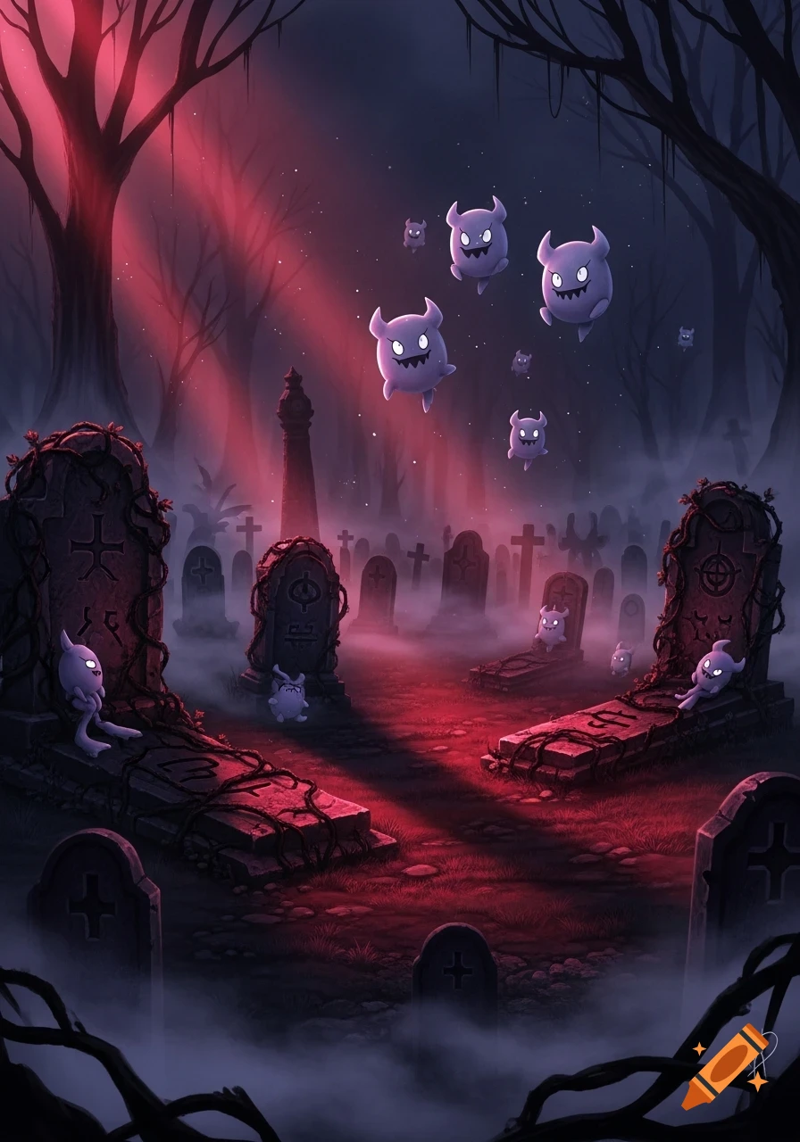 A dark, foggy graveyard scene with red light, featuring floating purple ghost-like creatures and small ones on mossy gravestones.