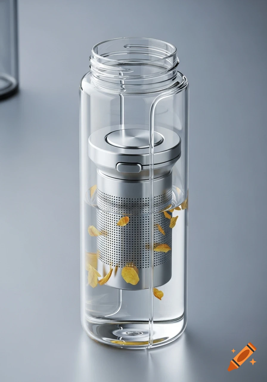 A clear glass infuser bottle with a metallic filter insert, containing water and several floating yellow leaves, against a grey background.