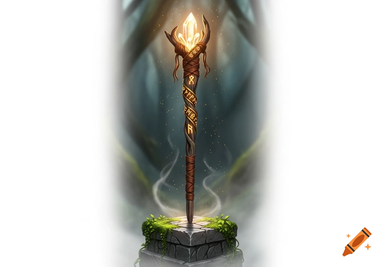 A glowing, crystal-topped magic staff with runic carvings, set on a mossy stone pedestal in a mystical forest.