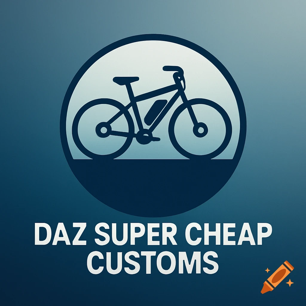 A minimalist circular logo featuring a dark blue electric bicycle icon above bold white text "DAZ SUPER CHEAP CUSTOMS" on a blue gradient.