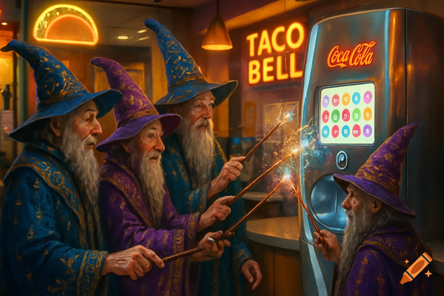 Four old wizards with long beards and pointed hats cast spells on a Coca-Cola Freestyle machine inside a Taco Bell restaurant, creating sparks.