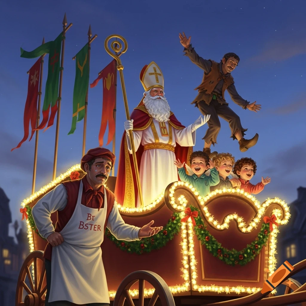 Saint Nicholas on an illuminated float, a baker, and three laughing children, with a character floating behind. Festive scene.