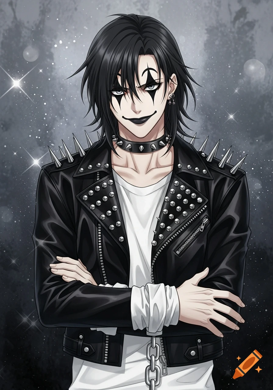 Anime-style male with black hair, white and black clown face paint, and a black spiked leather jacket.