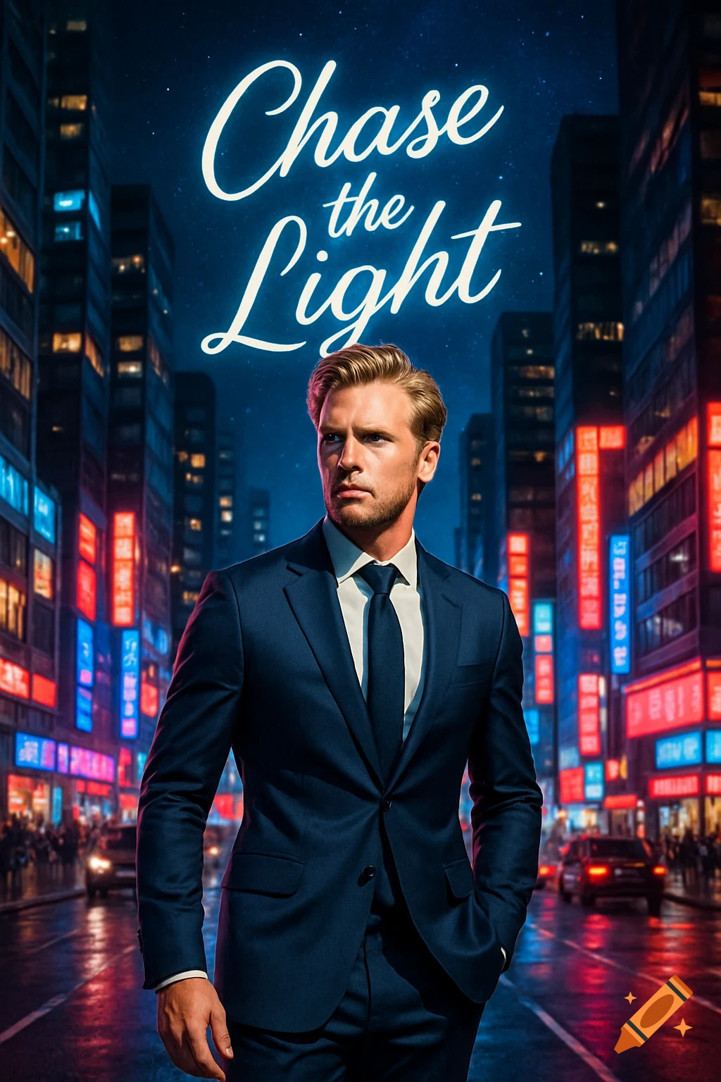 Blonde man in a dark suit stands confidently in a neon-lit city street at night, with 'Chase the Light' in elegant script overhead. Photorealistic style.