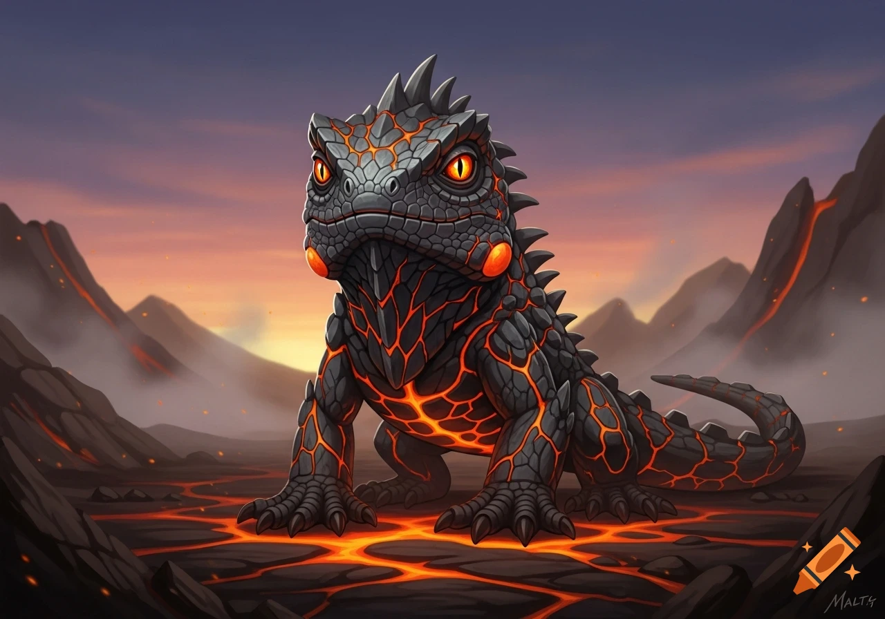 A stylized, fierce lava lizard with glowing orange eyes stands on cracked lava in a volcanic landscape at sunset.