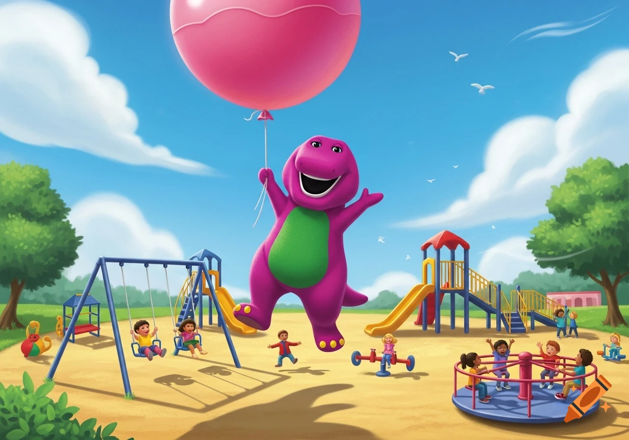 Barney the dinosaur flies high above a sunny playground, holding a large pink balloon, while children play on swings and a merry-go-round.