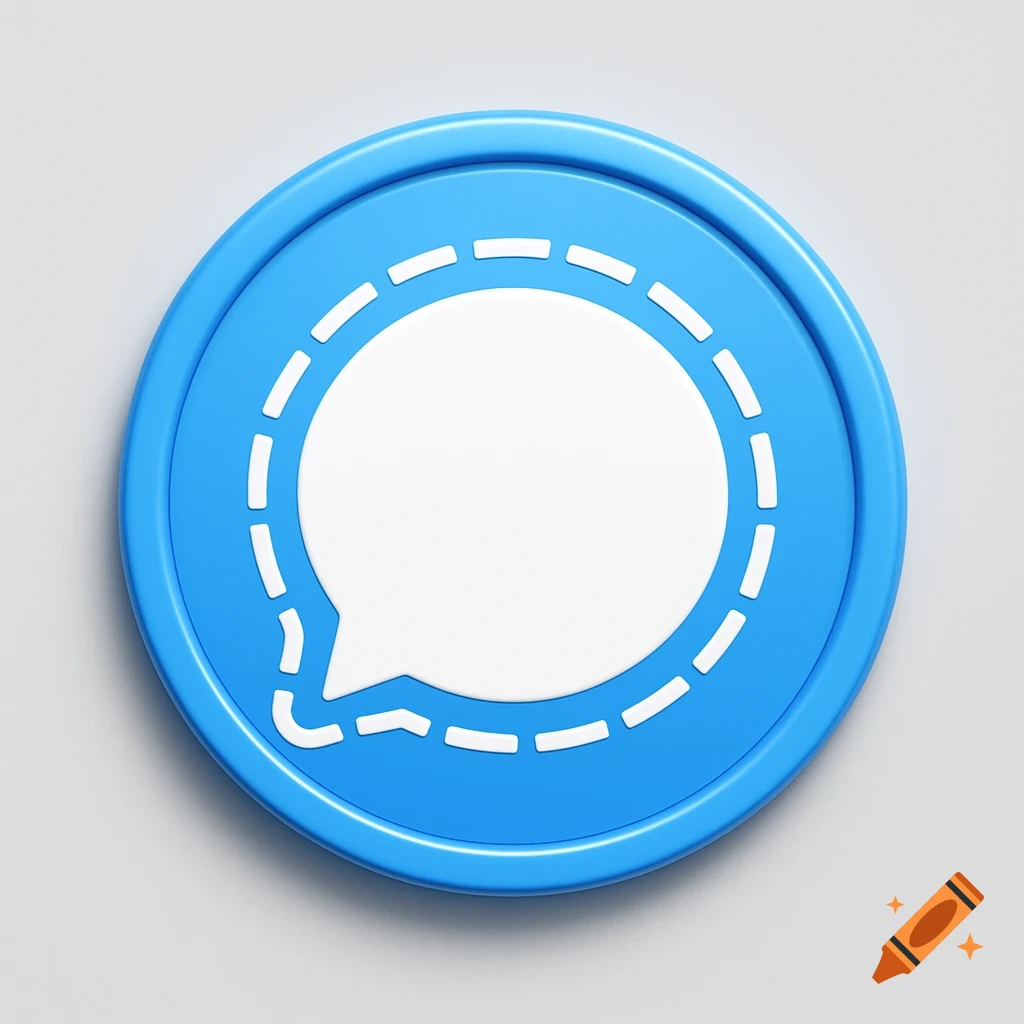 A 3D rendering of the Signal messenger logo, a white speech bubble with a dashed outline on a blue circular background.