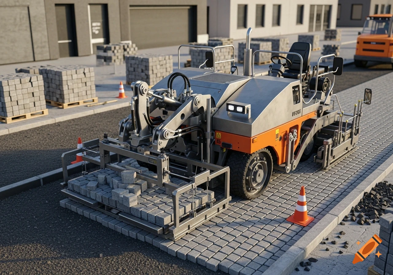 A detailed photorealistic image of an orange and grey paving machine laying cobblestones on a construction site with pallets of stones.