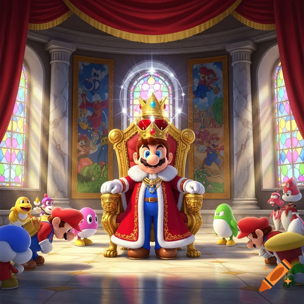 King Mario sits on a grand golden throne in a regal room with stained glass, as other characters bow to him.