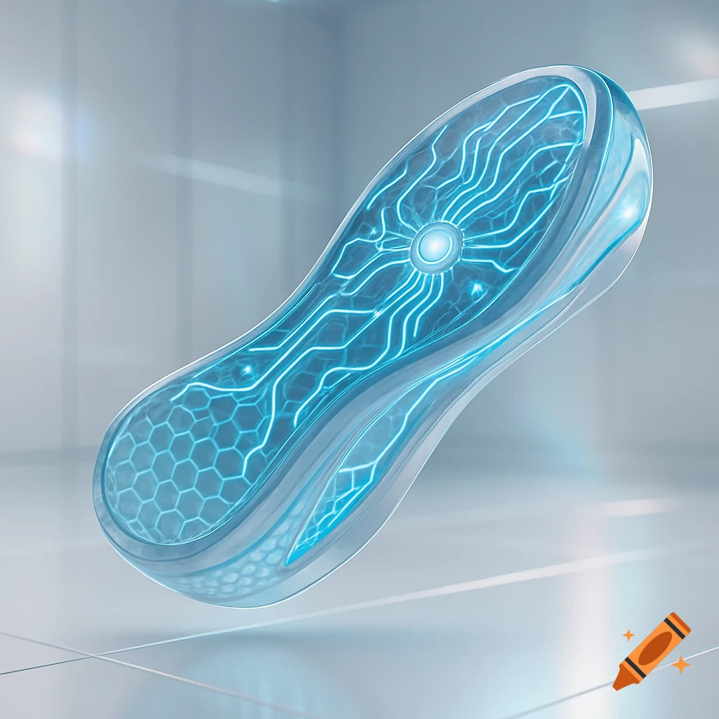 A futuristic, transparent shoe sole with glowing blue circuit patterns and honeycomb textures, against a light background.