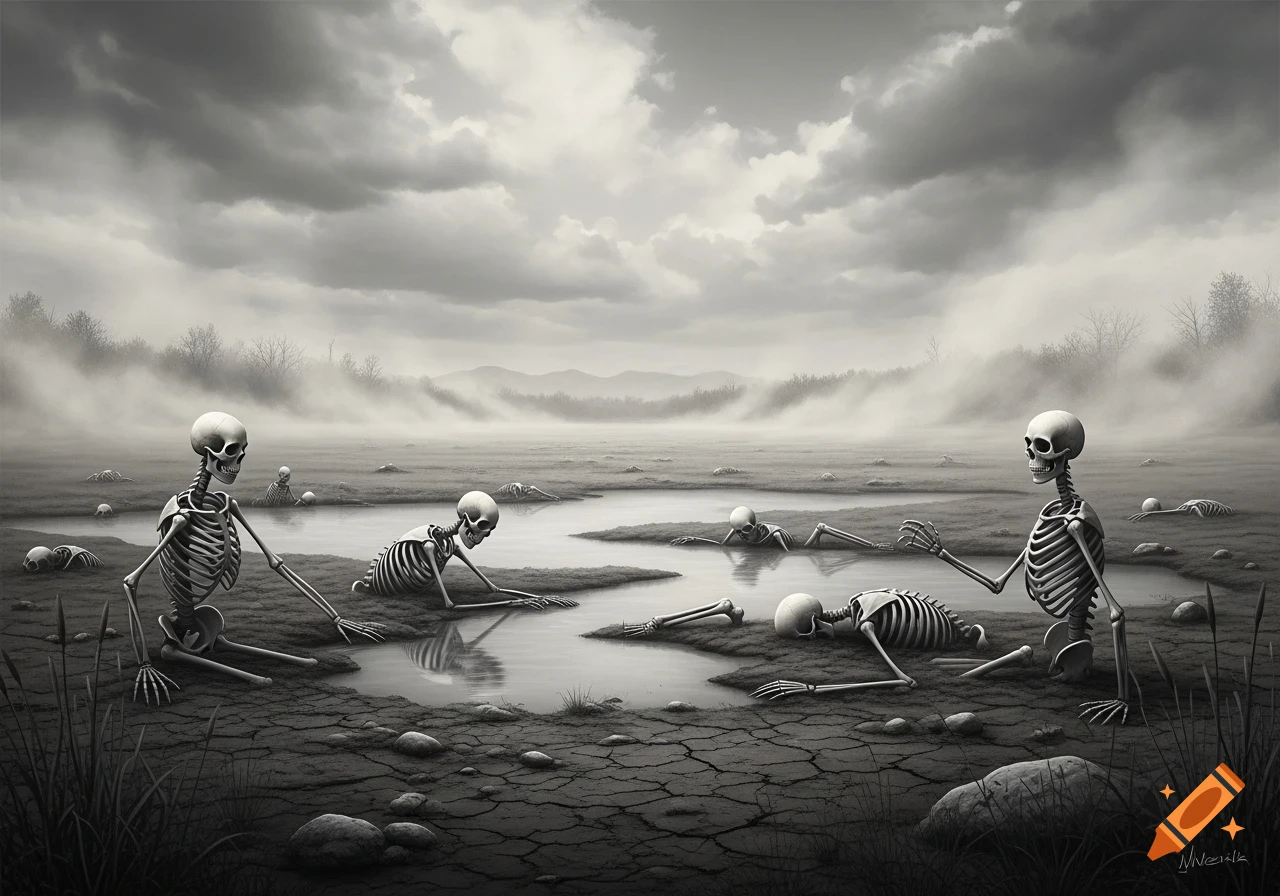 Grayscale image of numerous skeletons scattered across a desolate, cracked landscape with puddles and fog under a cloudy sky.