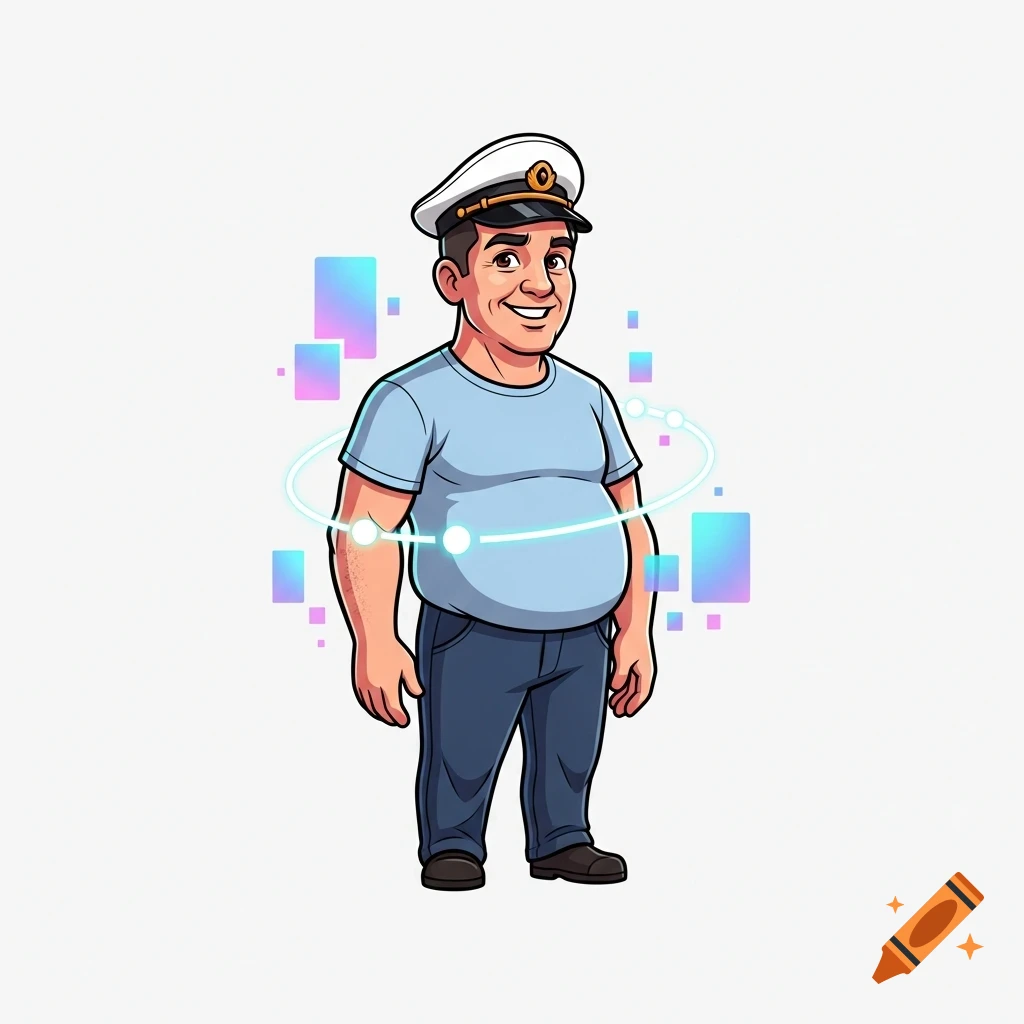 A friendly, smiling cartoon man with a slight belly and captain's cap, surrounded by glowing digital elements on a white background.
