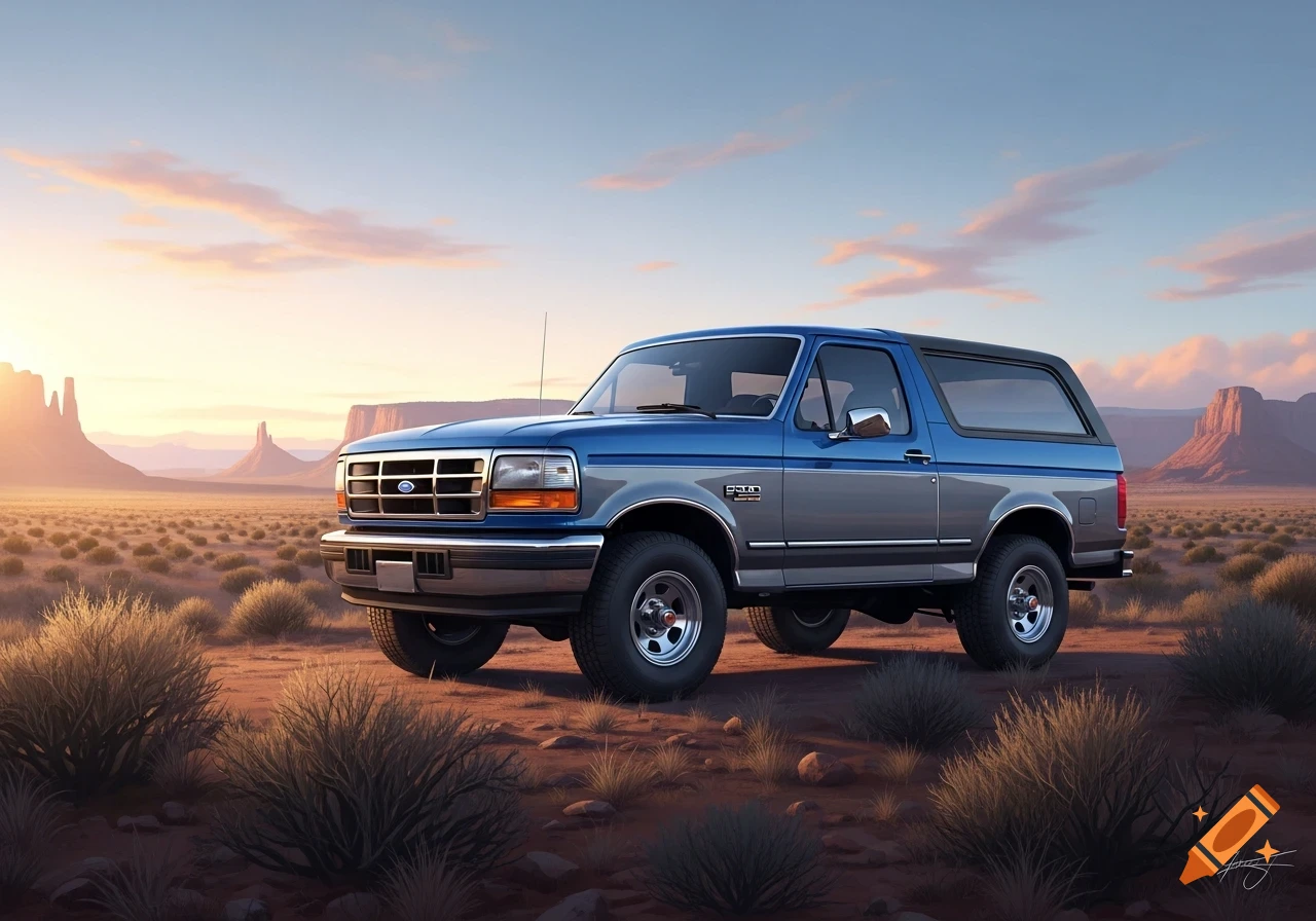 A blue and grey 1992 Ford Bronco SUV parked in a desert landscape with mesas at sunset, photorealistic style.