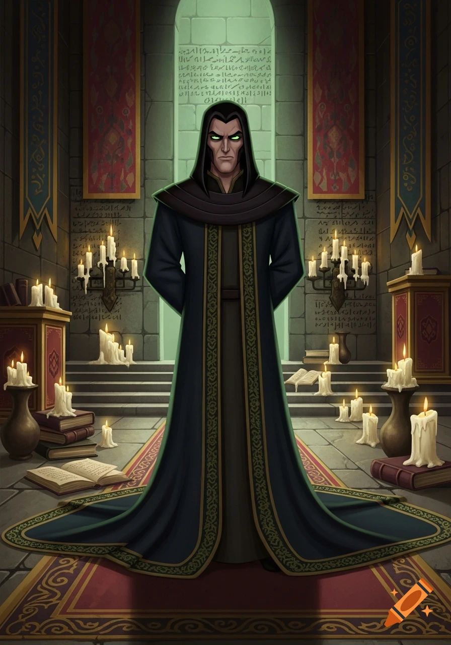 An animated style illustration of Ra's al Ghul in a dark, candlelit stone chamber with ancient texts, wearing long black and green robes, with glowing green eyes.