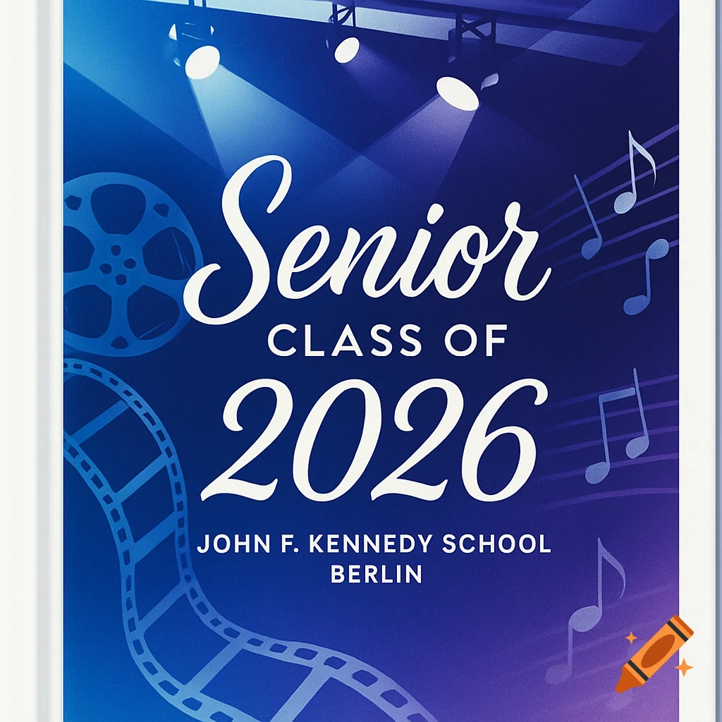 A blue and purple graduation poster for 'Senior Class of 2026, John F. Kennedy School Berlin,' with film and music elements.