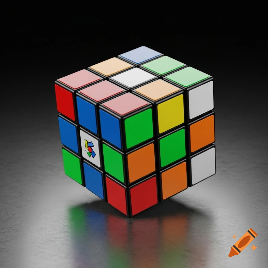 A colorful Rubik's Cube floats above a dark, reflective surface, featuring a stylized logo on one of its white squares.