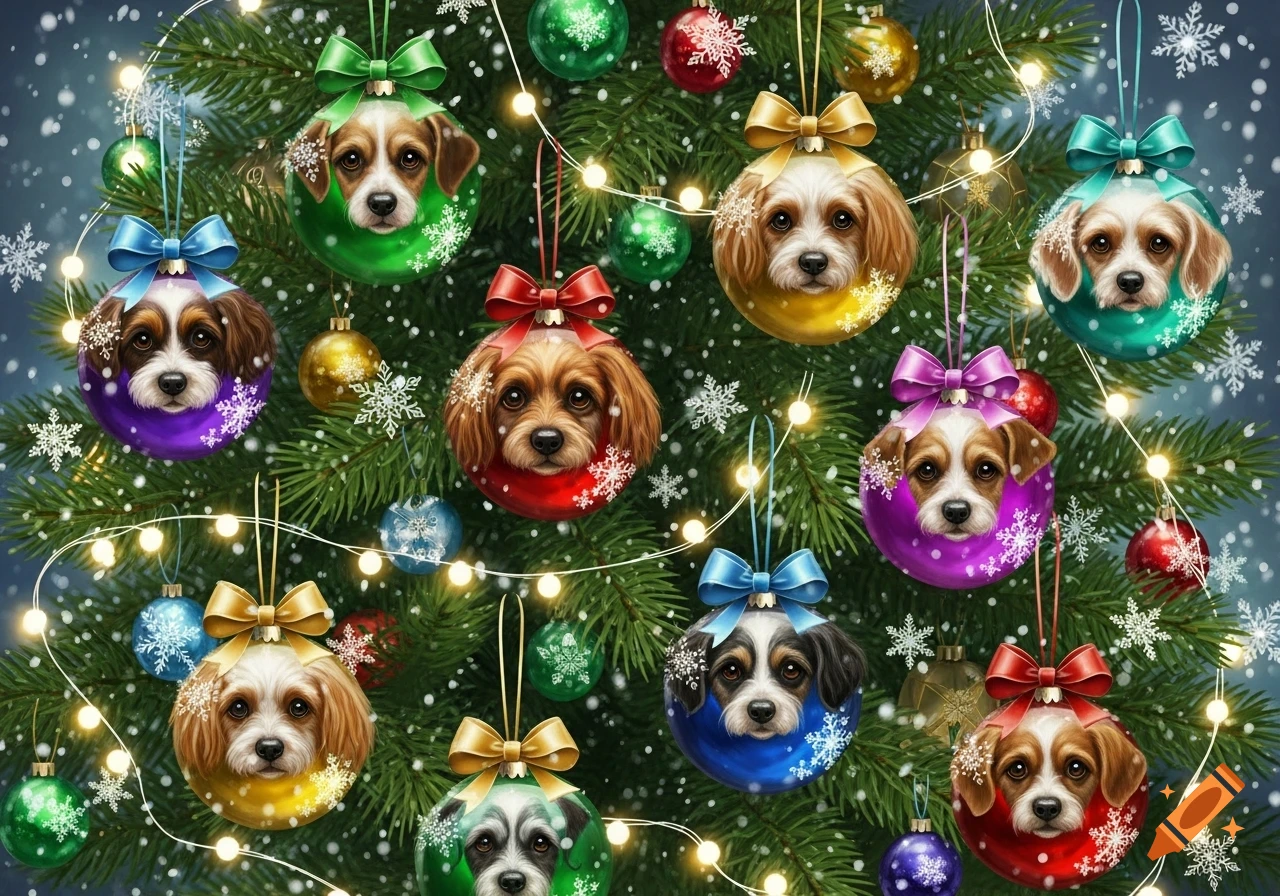 Christmas tree adorned with colorful ornaments, each featuring a cute dog's face, surrounded by festive lights and snowflakes.