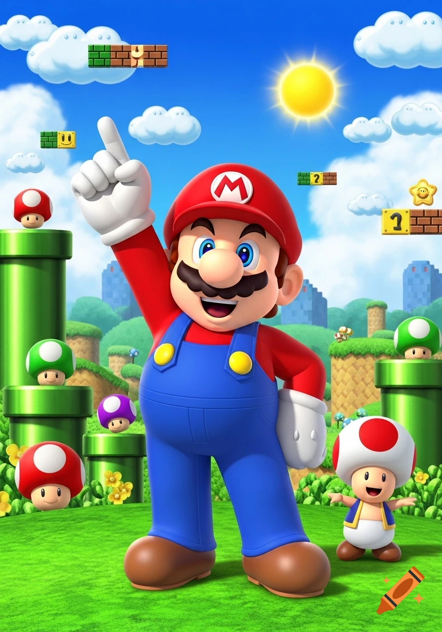 Mario points up in a vibrant Super Mario Bros. landscape with green pipes, blocks, mushrooms, and Toad.