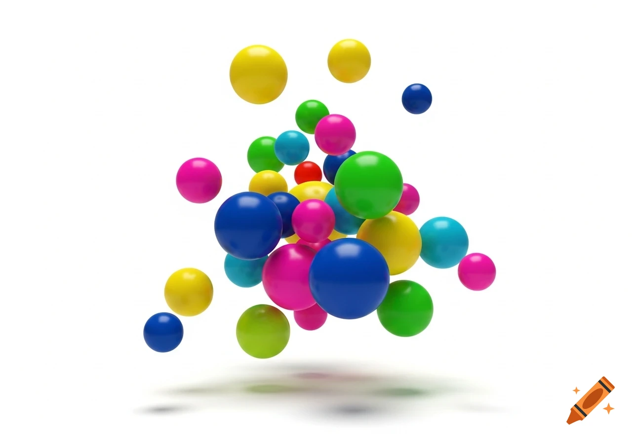 Many shiny, colorful spheres, including blue, pink, green, and yellow, float and cluster against a white background.