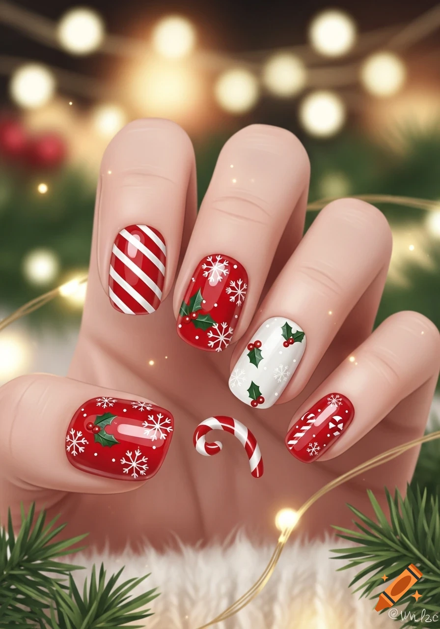 A hand with festive Christmas nail art featuring red and white stripes, snowflakes, holly, and candy cane designs.